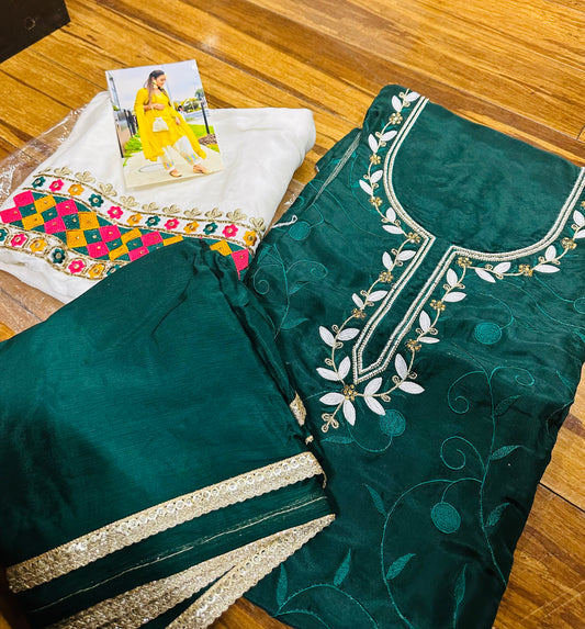 Stylish Hand Embroidered Pure Crepe Unstitched Suit image 3