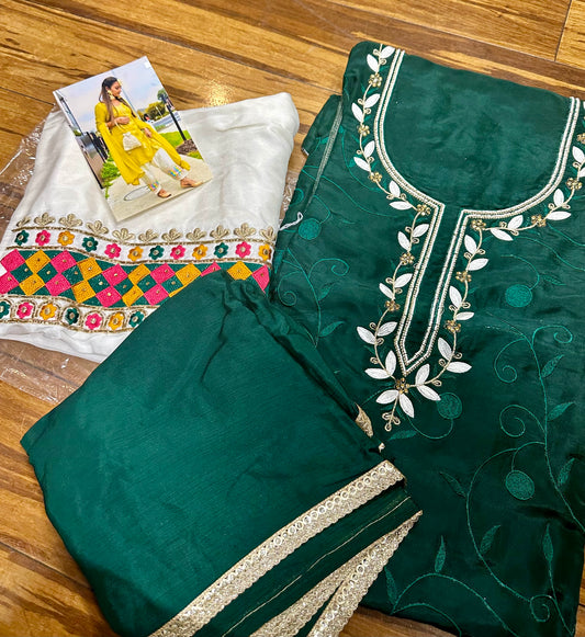 Stylish Hand Embroidered Pure Crepe Unstitched Suit