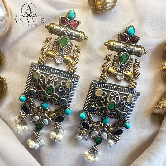 Beautiful Oxidized & Gold Toned Peacock Concept Earrings