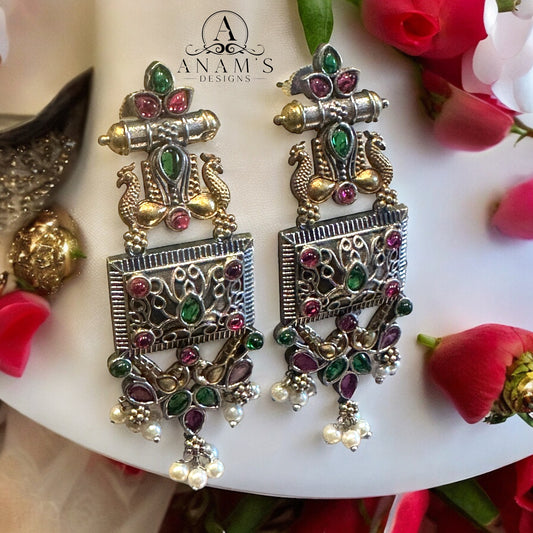 Beautiful Oxidized & Gold Toned Peacock Concept Earrings