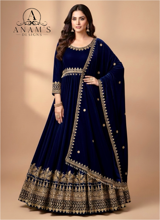 Bollywood designer Long velvet gown With Velvet Stall image 3