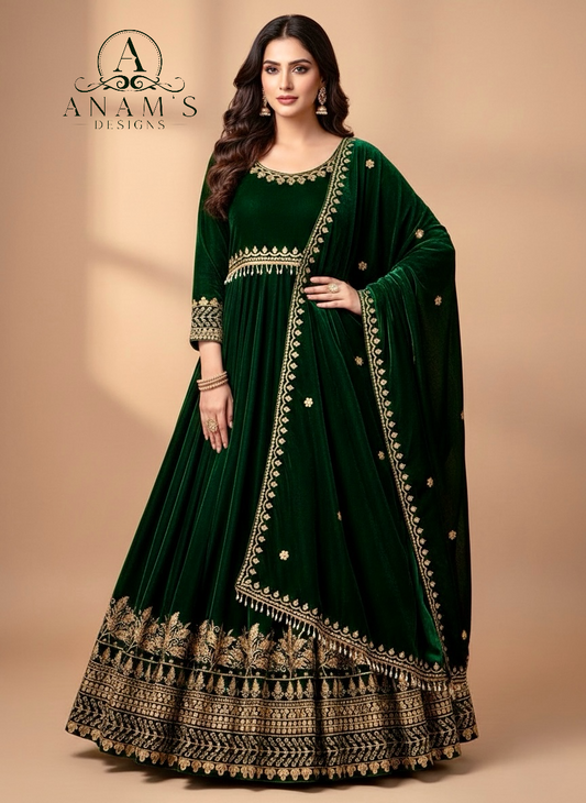 Bollywood designer Long velvet gown With Velvet Stall