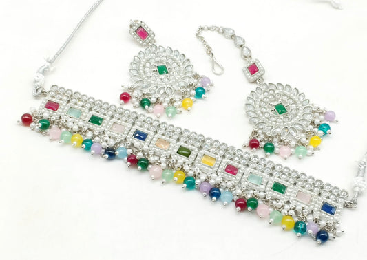 Silver Tone Reverse Polki Choker Set image 3