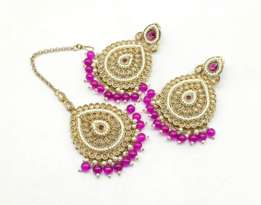 Stylish Lightweight Polki Earrings & Tikka Set image 3