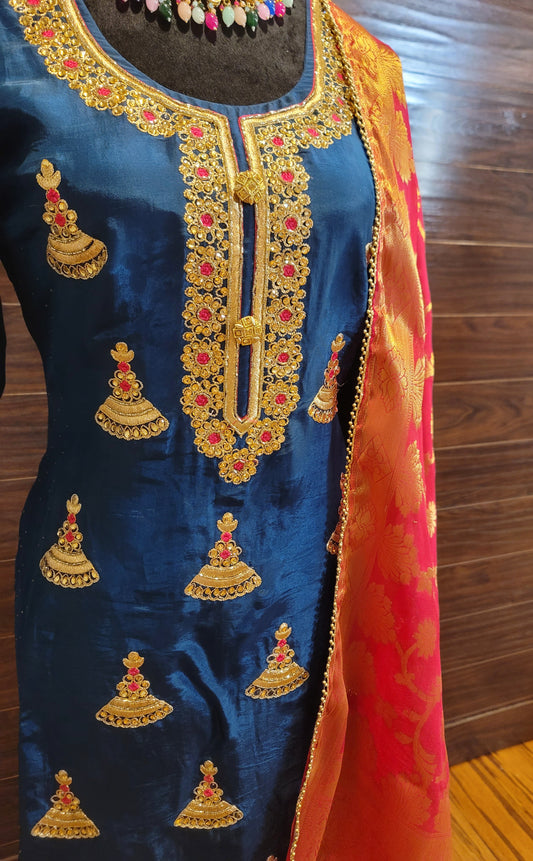 Designer Jhumki Concept Punjabi Suit With Banarasi Silk Dupatta