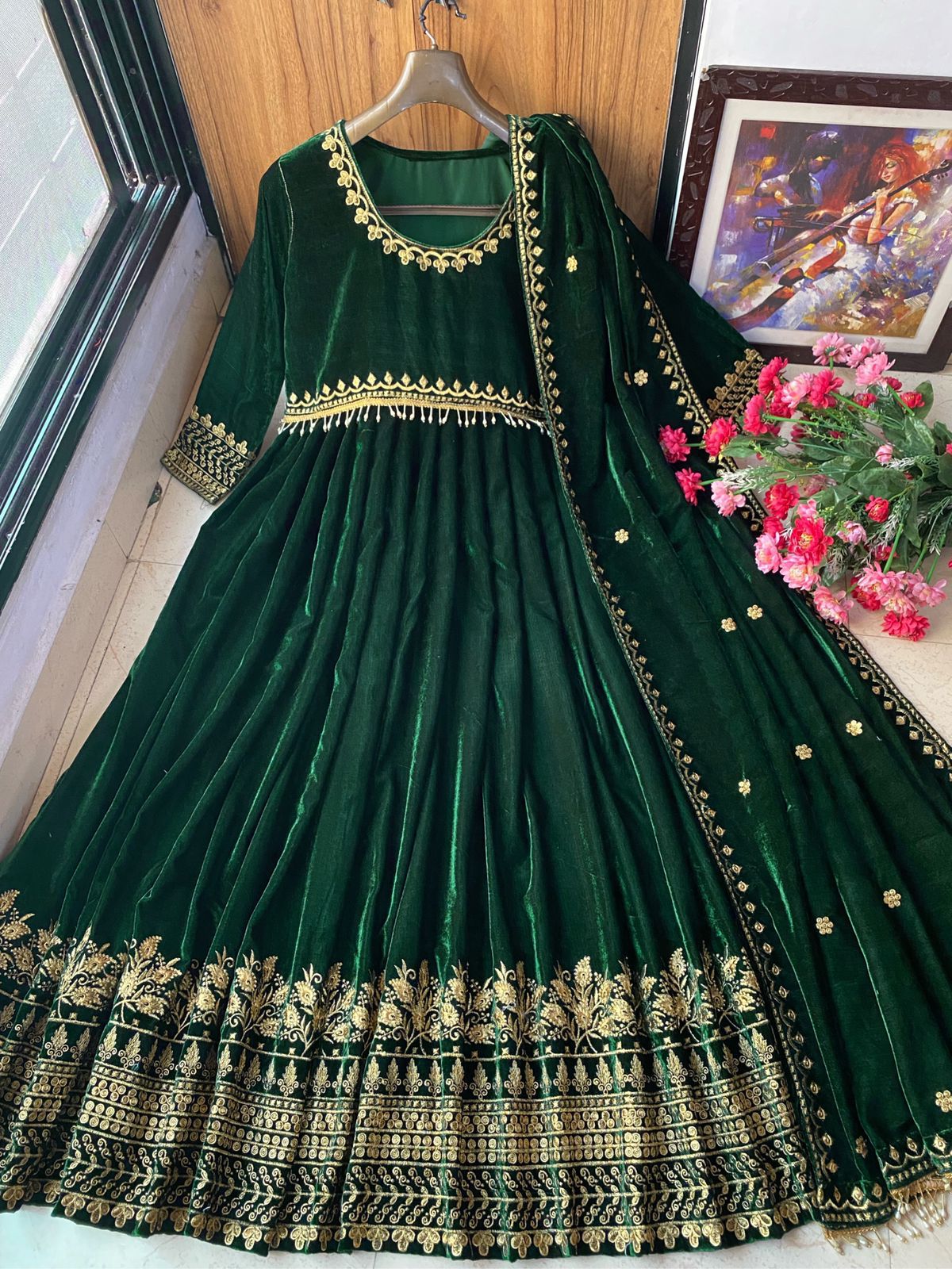 Bollywood designer Long velvet gown With Velvet Stall