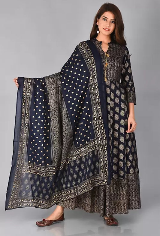 Women Gown & Dupatta Set (Navy Blue) image 3