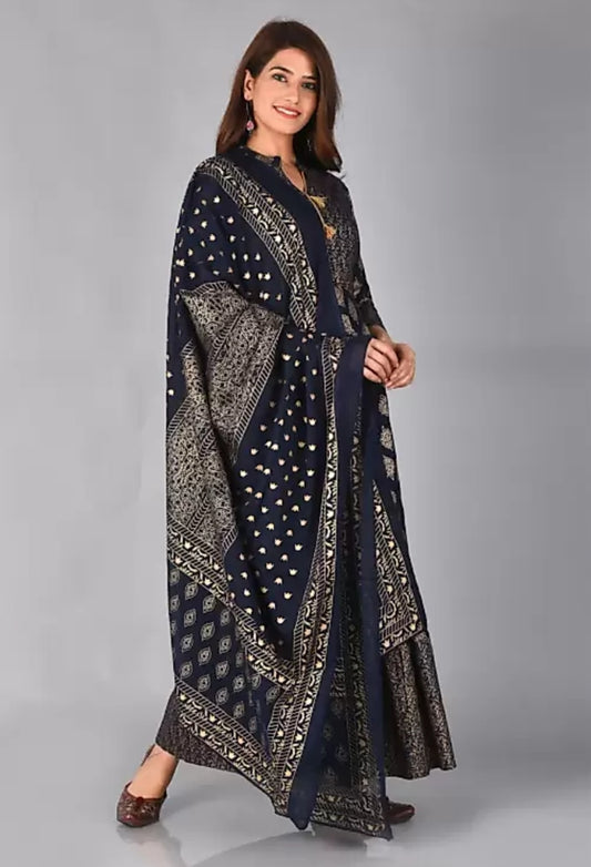 Women Gown & Dupatta Set (Navy Blue)