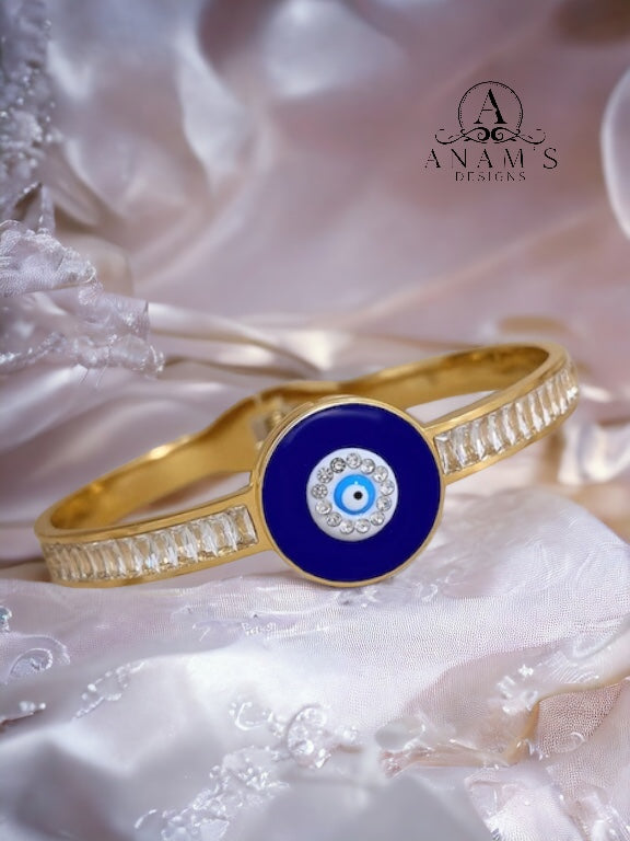 Non-Tarnish Trendy CZ Stainless Turkish Evil Eye Protection Openable Bangle.(18k Gold-Plated)Style1