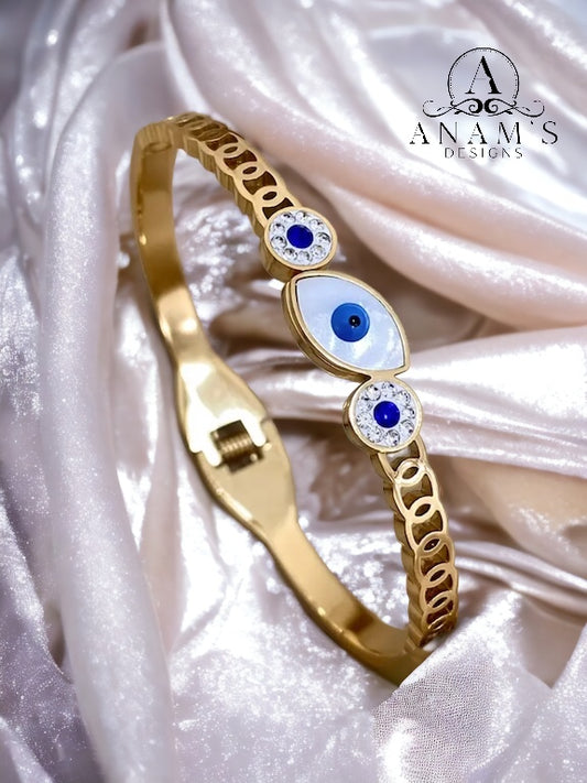 Non-Tarnish Trendy Turkish Evil Eye Protection Openable Bangle.(18K Gold-Plated)Style2