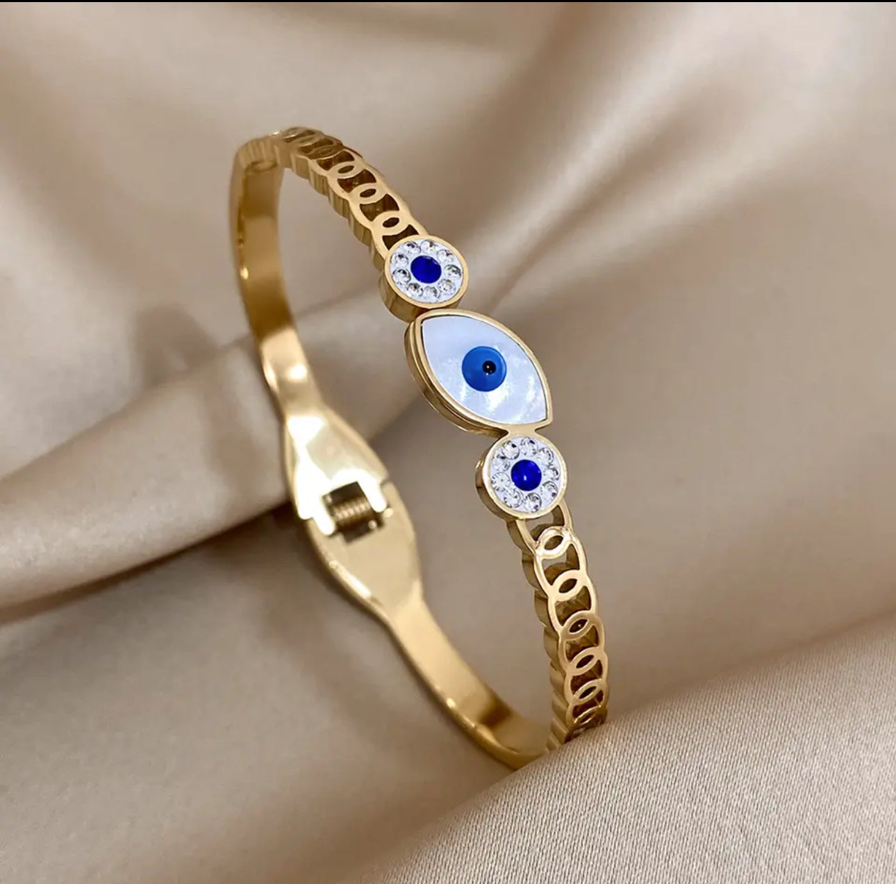 Non-Tarnish Trendy Turkish Evil Eye Protection Openable Bangle.(18K Gold-Plated)Style2