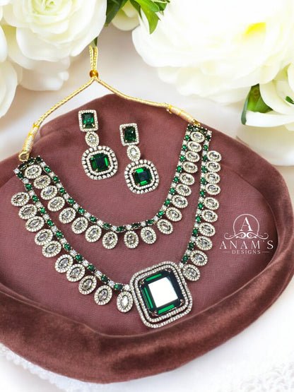 Moissanite With Emerald Classy Necklace Set (Green)