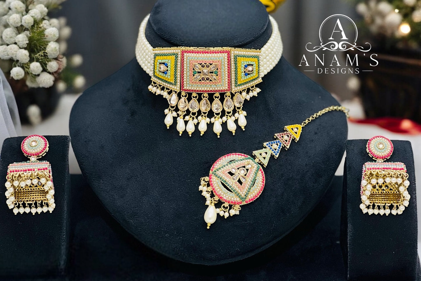 Extremely Stylish Pakistani Navratna Choker Set With Doli Style Jhumkis