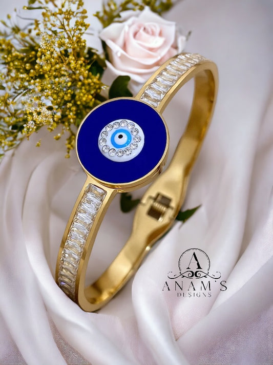 Non-Tarnish Trendy CZ Stainless Turkish Evil Eye Protection Openable Bangle.(18k Gold-Plated)Style1