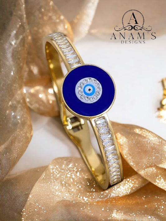 Non-Tarnish Trendy CZ Stainless Turkish Evil Eye Protection Openable Bangle.(18k Gold-Plated)Style1