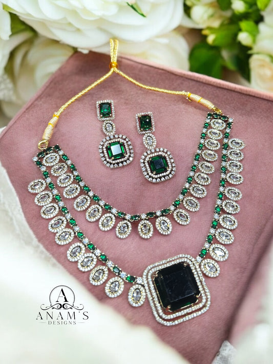 Moissanite With Emerald Classy Necklace Set (Green)