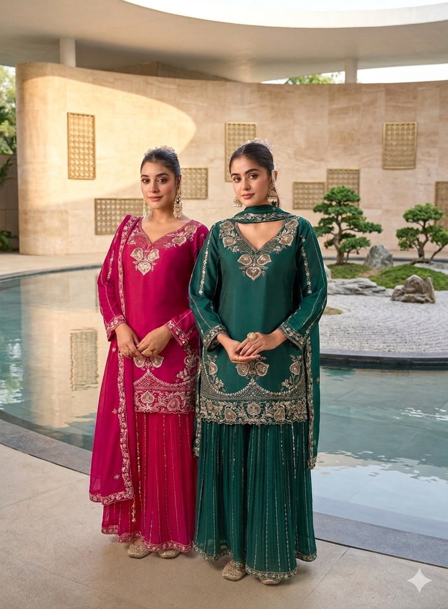 Premium Georgette Silk Suit With Crushed Fabric Sharara 42/44