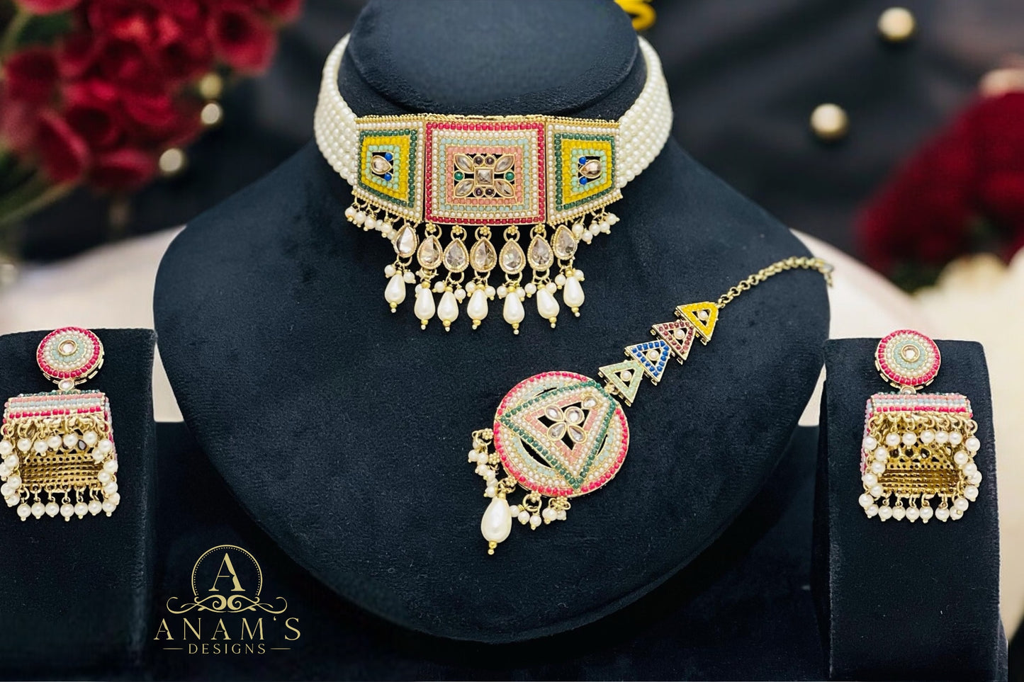 Extremely Stylish Pakistani Navratna Choker Set With Doli Style Jhumkis