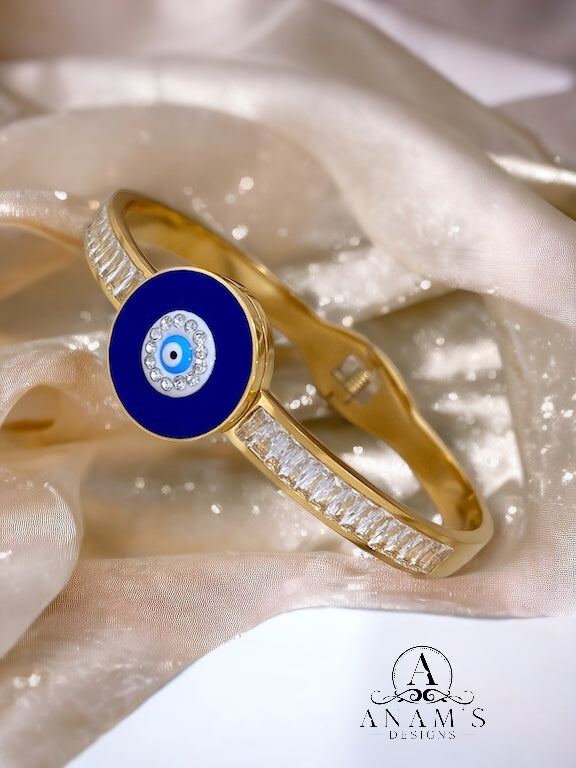 Non-Tarnish Trendy CZ Stainless Turkish Evil Eye Protection Openable Bangle.(18k Gold-Plated)Style1