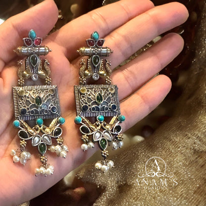 Beautiful Oxidized & Gold Toned Peacock Concept Earrings