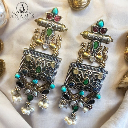 Beautiful Oxidized & Gold Toned Peacock Concept Earrings