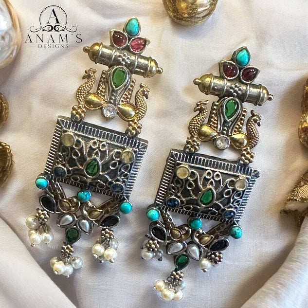 Beautiful Oxidized & Gold Toned Peacock Concept Earrings