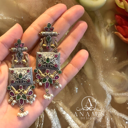 Beautiful Oxidized & Gold Toned Peacock Concept Earrings