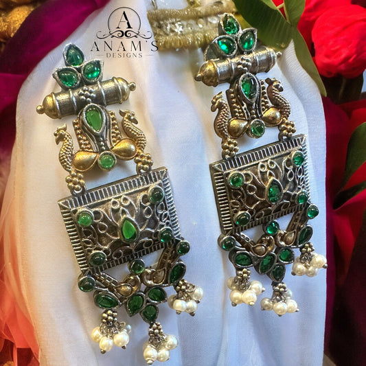 Beautiful Oxidized & Gold Toned Peacock Concept Earrings image 3