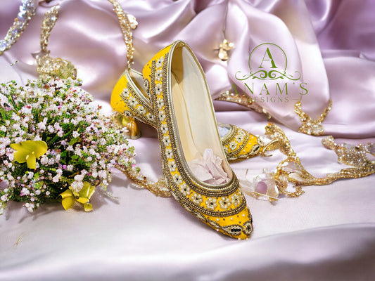 Bridal Non-Slip Heels With Tilla Work (Yellow)