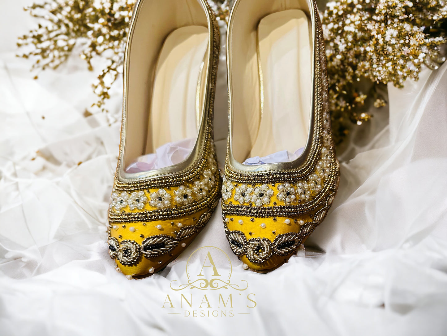 Bridal Non-Slip Heels With Tilla Work (Yellow)