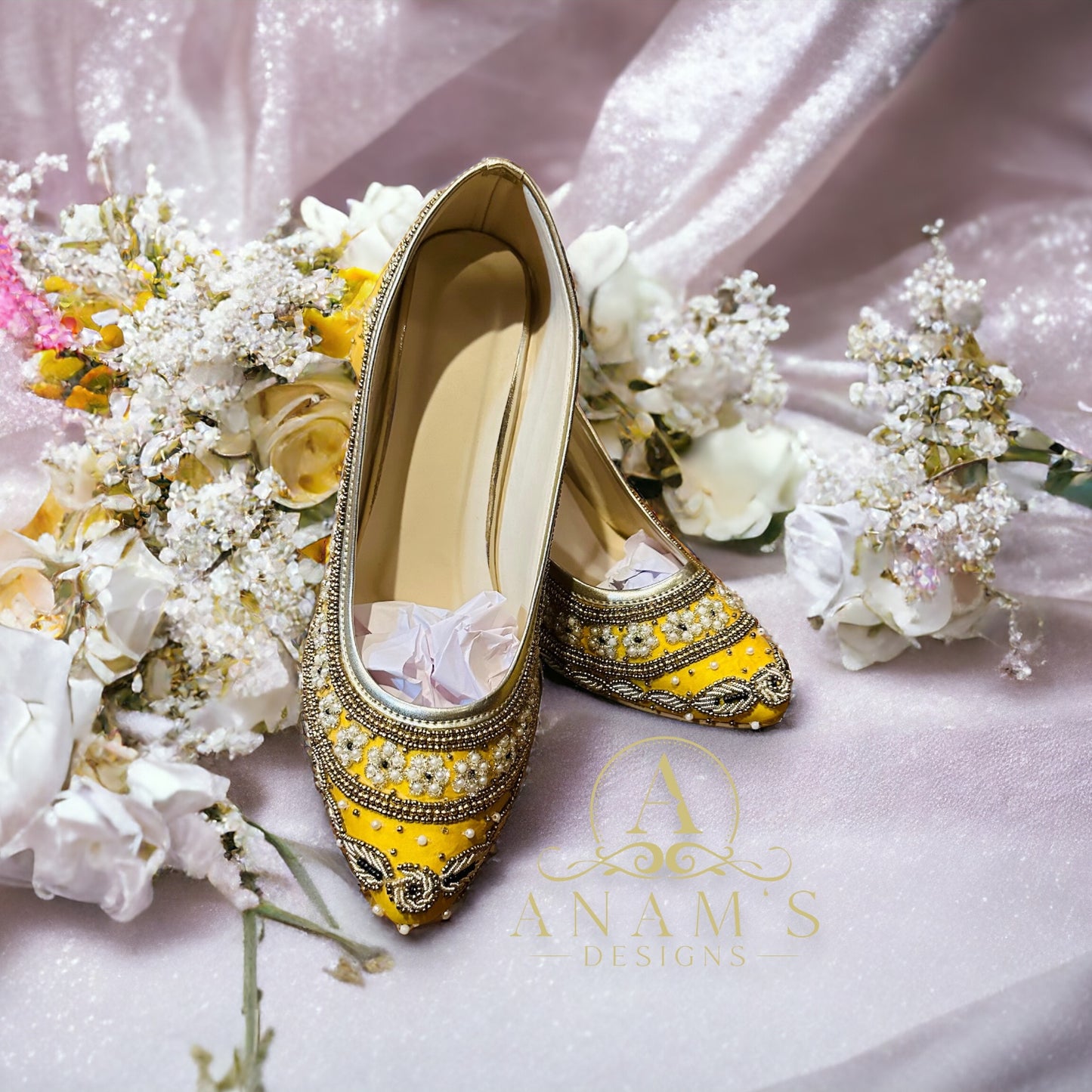 Bridal Non-Slip Heels With Tilla Work (Yellow)