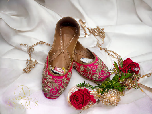 Bridal Design Hot Pink Punjabi Jutti With Tilla Work