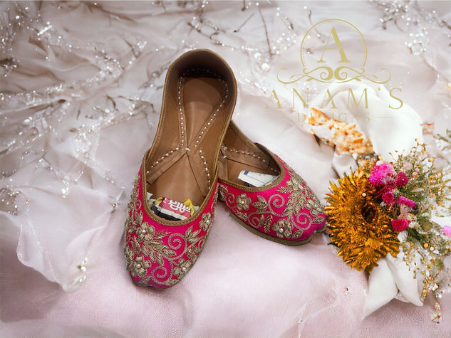 Bridal Design Hot Pink Punjabi Jutti With Tilla Work