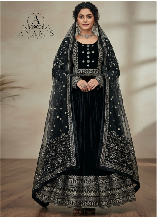 Super Stylish Velvet Gown With Pants & Dupatta