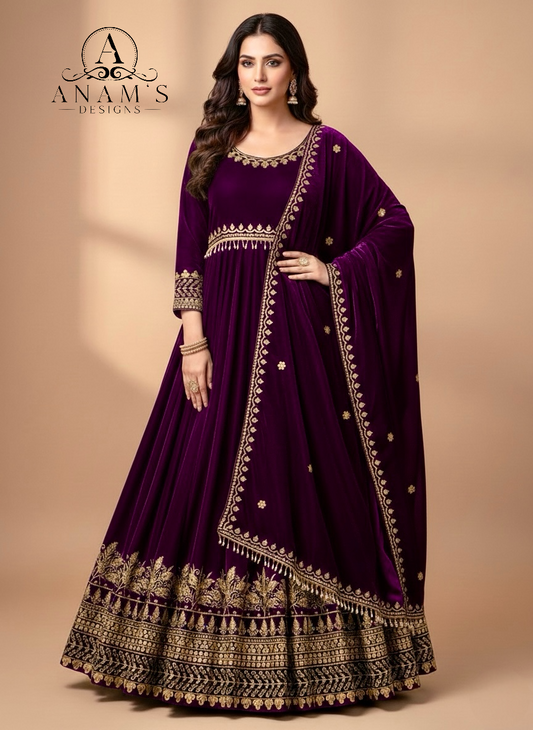 Bollywood designer Long velvet  gown With Velvet Stall