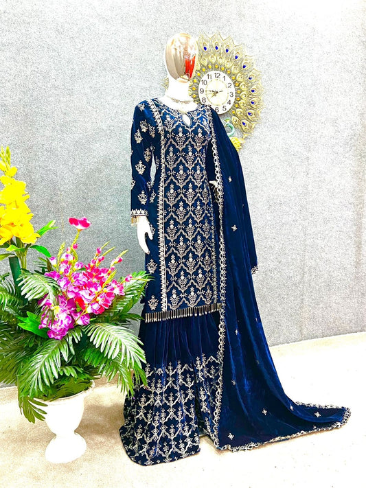 High-End Velvet Sharara Suit With Pearl & Tilla Embroidery