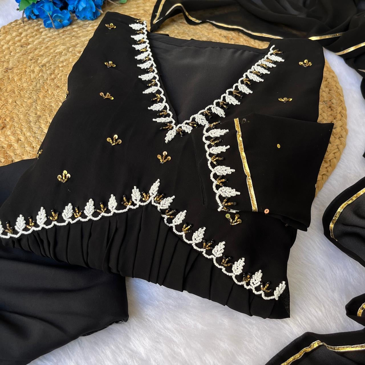 Stunning Suit With Hand Embroidery and Pearl Work (Black) Size 40