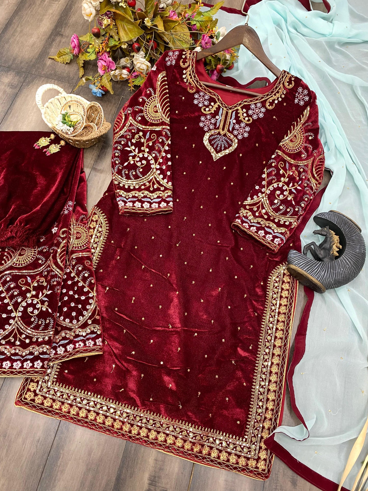 Stylish Velvet Suit With Beautiful Embroidery