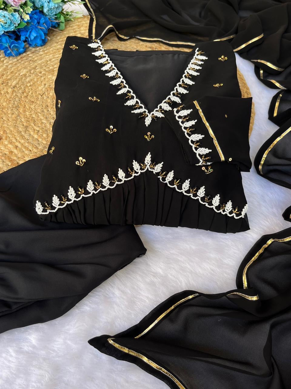 Stunning Suit With Hand Embroidery and Pearl Work (Black) Size 40