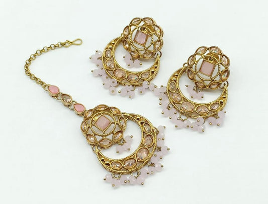 Quality Polki Earrings With Tikka (Gold Toned) image 3