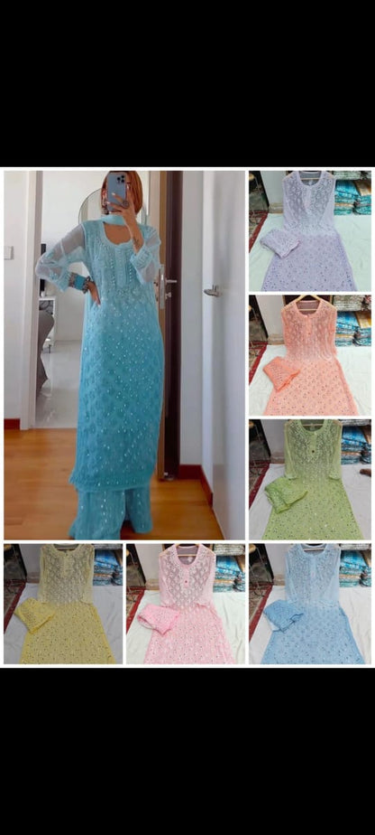 Stylish Kurti Set Georgette Chikankari With Real Mirror