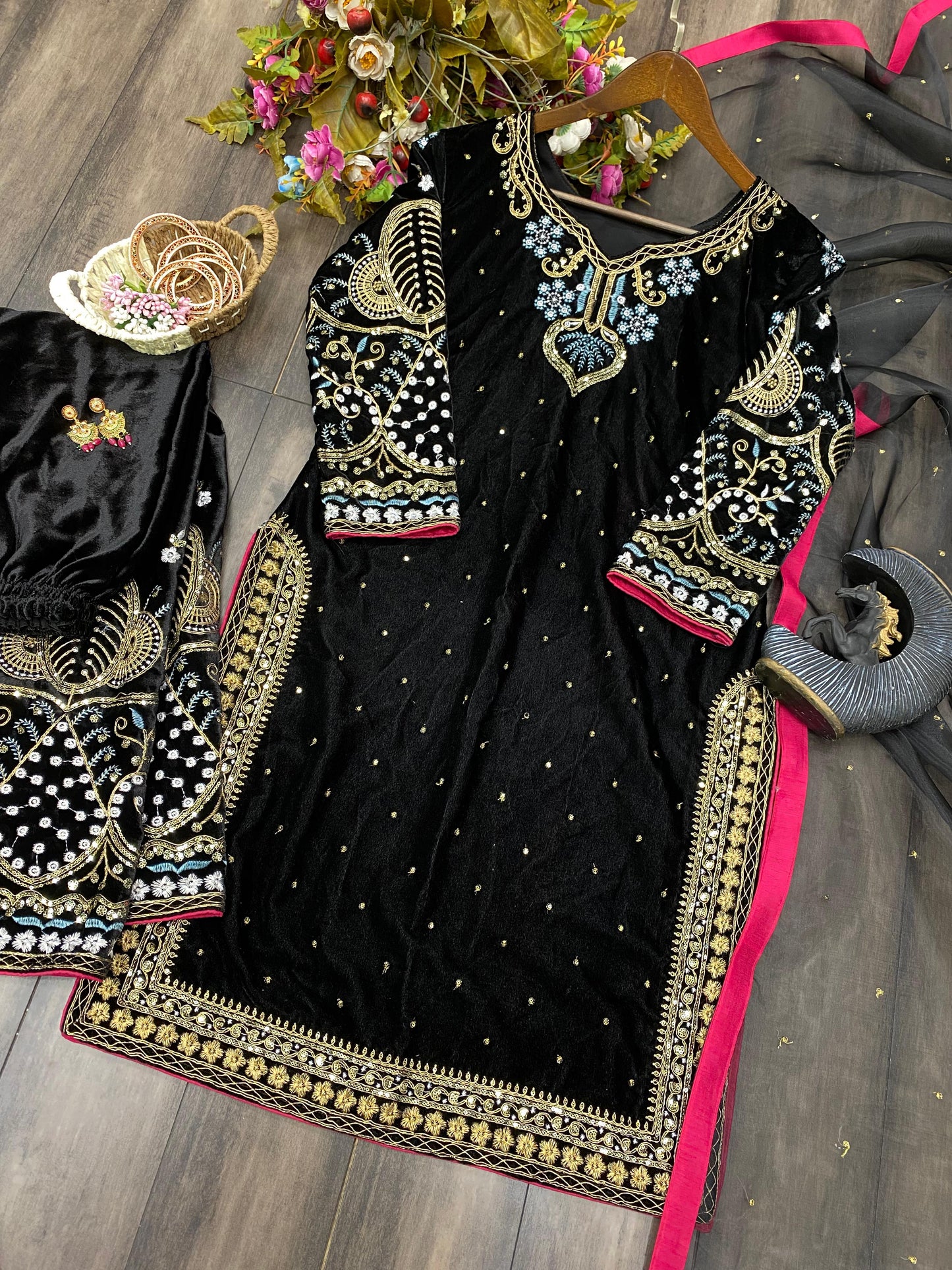 Stylish Velvet Suit With Beautiful Embroidery