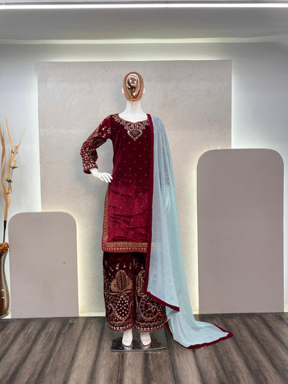 Stylish Velvet Suit With Beautiful Embroidery
