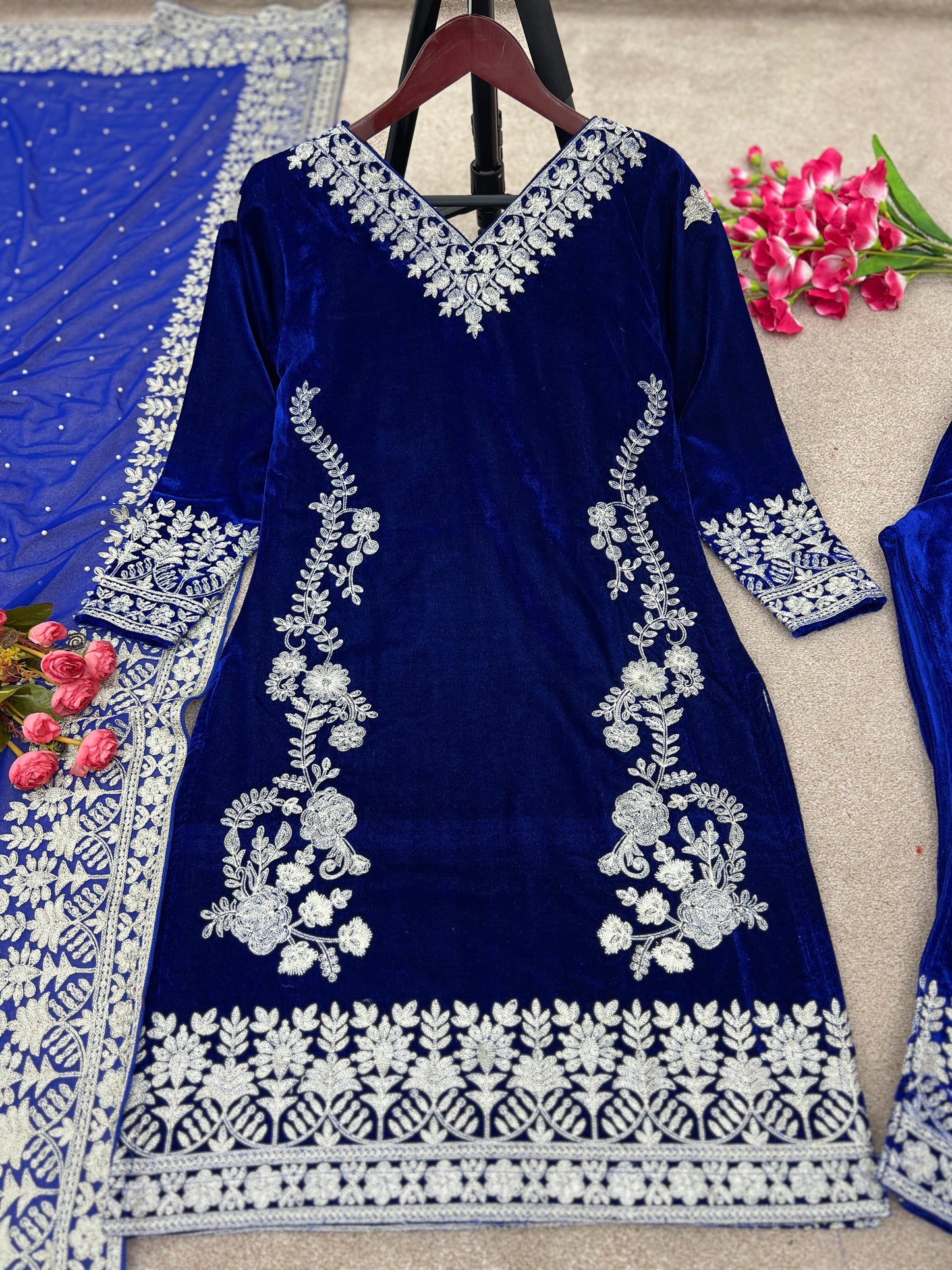 Beautiful Velvet Suit With Silver Tilla Embroidery