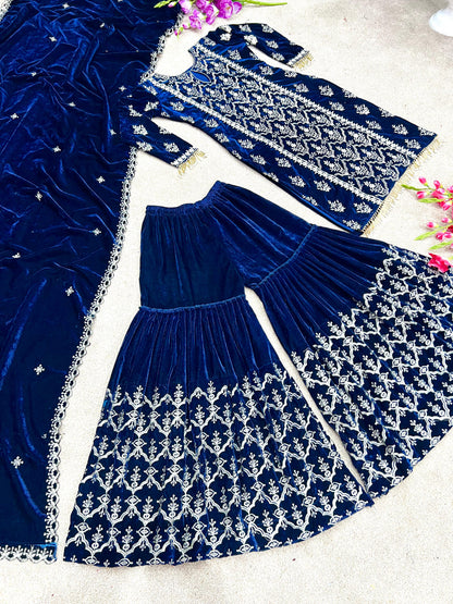 High-End Velvet Sharara Suit With Pearl & Tilla Embroidery