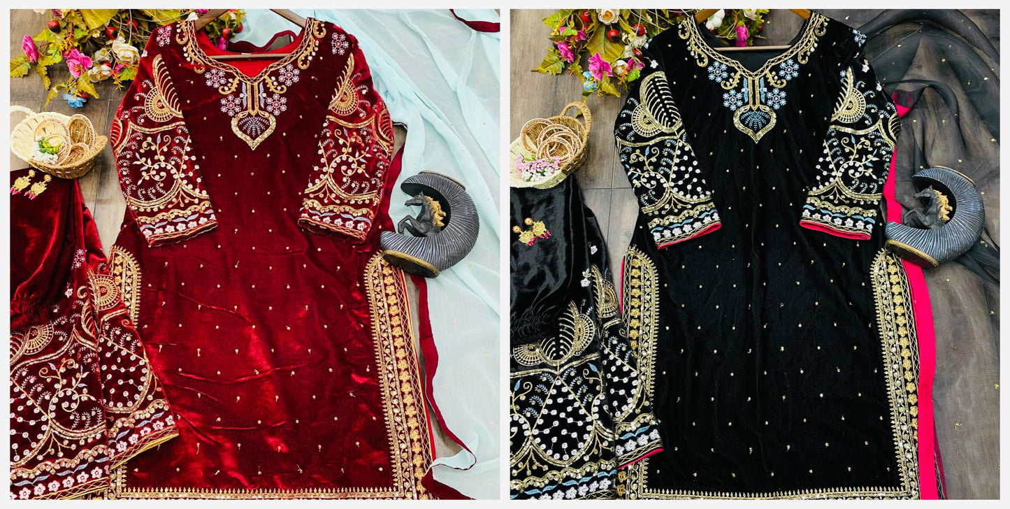 Stylish Velvet Suit With Beautiful Embroidery