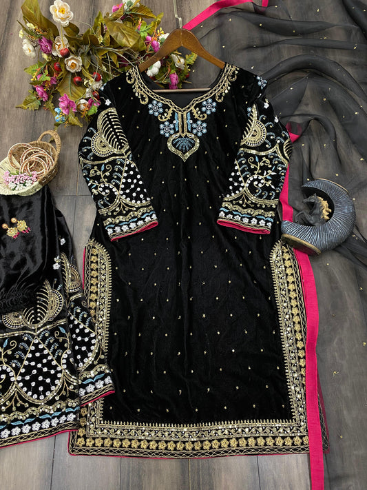 Stylish Velvet Suit With Beautiful Embroidery