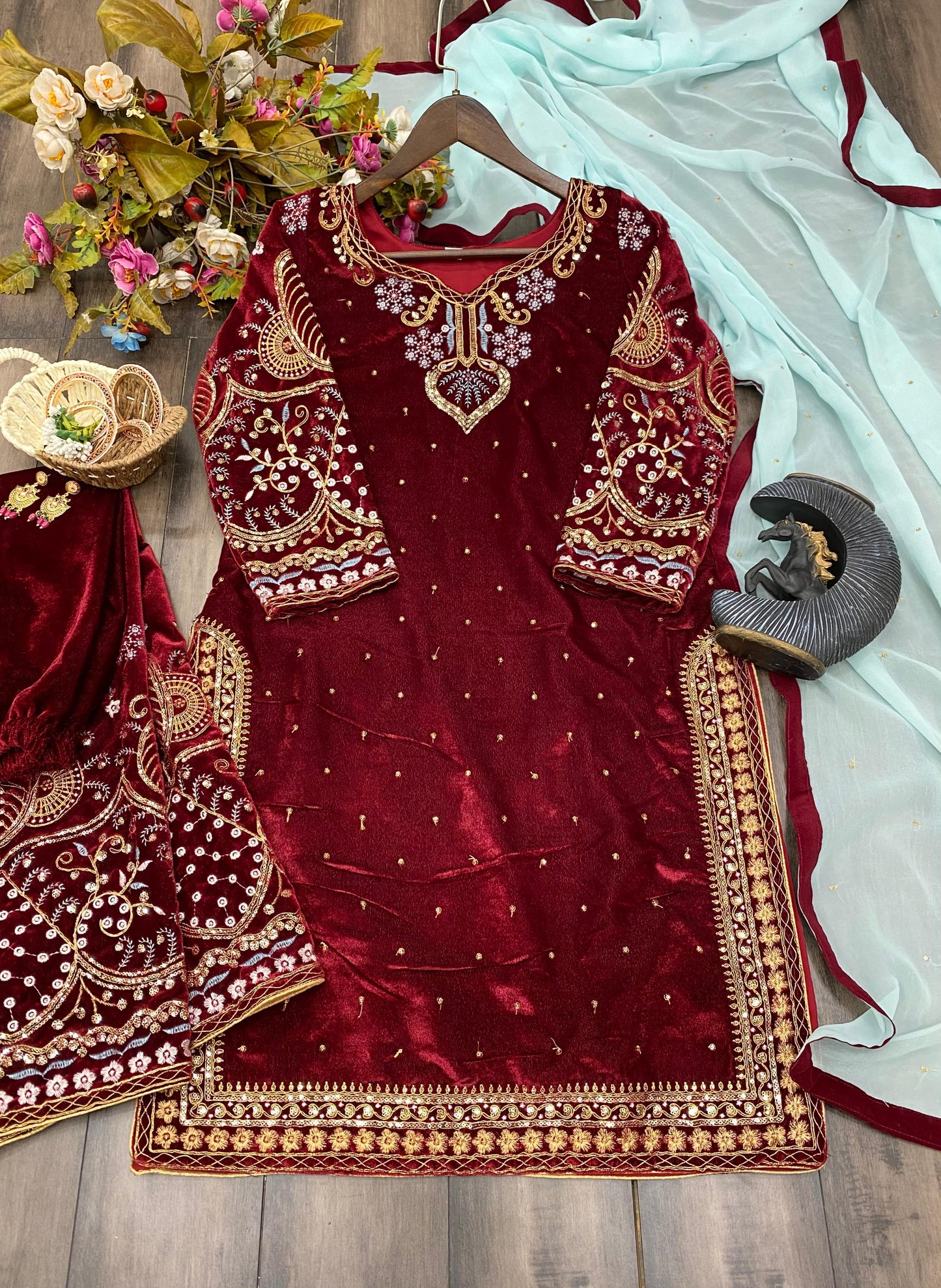 Stylish Velvet Suit With Beautiful Embroidery