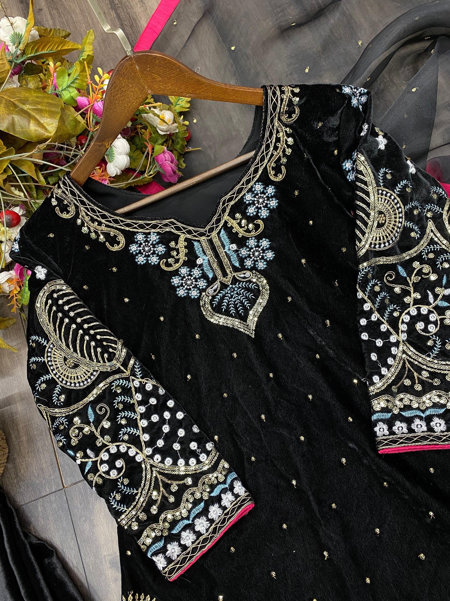 Stylish Velvet Suit With Beautiful Embroidery