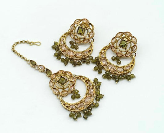 Quality Polki Earrings With Tikka (Gold Toned)